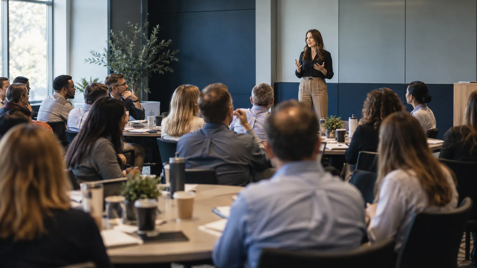 A facilitator leading a live leadership-training session with a seated group of managers